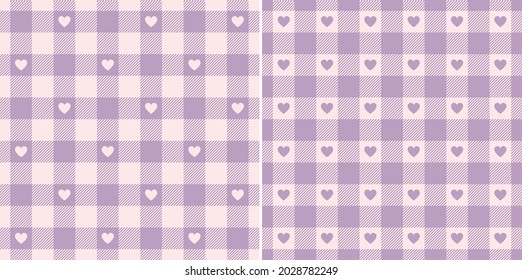 Patrón de manchas para el día de San Valentín en púrpura lila y rosa. Vector geométrico de escote de vichy sin foco para camisa, falda, tapa, vestido, chaqueta, mantel, manta, pañuelo, pañuelo.