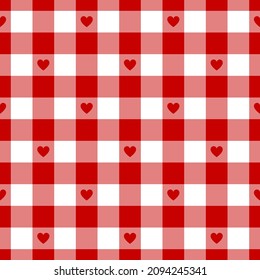 Patrón de manchas de rayas de gingham corazón en rojo y blanco para el Día de San Valentín. Maravilloso cheque de búfalo tartán brillante para vestido, bufanda, mantel, manta de picnic, papel de regalo, otra impresión de otoño de primavera.