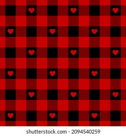 Heart gingham check plaid pattern in red and black for Valentines Day. Seamless vichy tartan for flannel shirt, dress, jacket, gift paper, scarf, other modern spring autumn winter fashion print.