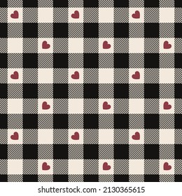 Heart gingham check plaid pattern for Valentine's Day print. Seamless black, red, off white vichy tartan for dress, skirt, jacket, blanket, scarf, other spring autumn winter holiday textile design.