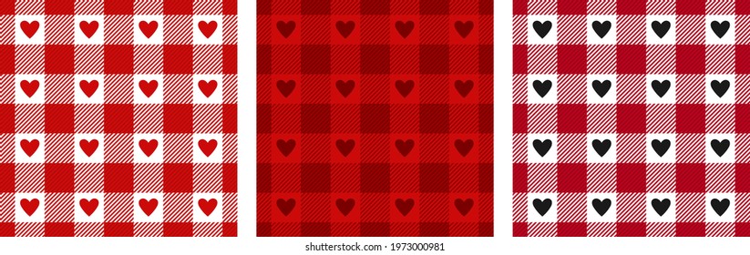 Heart gingham patterns in black, red, white. Seamless Scottish tartan vichy textured check plaid for dress, shirt, tablecloth, gift wrapping modern Valentines Day holiday print. Gingham hearts pattern