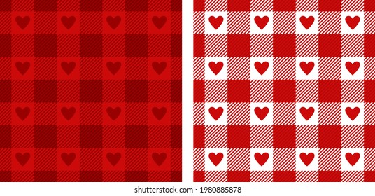 Patrones de gingham del corazón en rojo, blanco. Manta de cheques con textura de tela escocesa para vestido, camisa, mantel, regalo para la impresión moderna de San Valentín de vacaciones. Patrón de corazones de Gingham