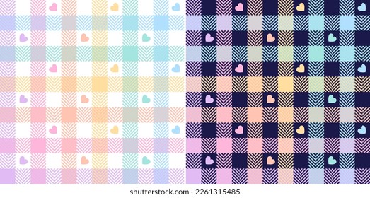 Heart gingham plaid pattern. Geometric multicolored pastel seamless vichy tartan graphic set for Valentines Day flannel shirt, skirt, dress, jacket, scarf, bandana, other spring summer fashion design.