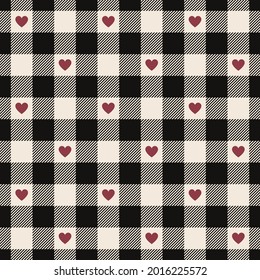 Heart gingham plaid pattern for Valentine's Day design. Seamless black, red, off white vichy tartan check for dress, skirt, jacket, towel, handkerchief, scarf, other spring autumn winter prints.