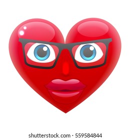 Heart Girl Smile Emoticon in Glasses. For 14th of February. For Saint Valentine's Day. Isolated Vector Illustration on White Background