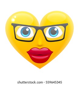 Heart Girl Smile Emoticon in Glasses. Heart Girl Emoji in Glasses. For 14th of February. For Saint Valentine's Day. Isolated Vector Illustration on White Background