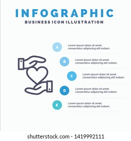 Heart, Give, Hand, Favorite, Love Blue Infographics Template 5 Steps. Vector Line Icon template