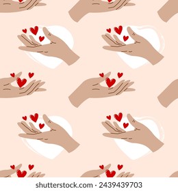 Ein Herz, das Hand gibt. Nahtloses Muster. Das Konzept von Fürsorge, Liebe, Nächstenliebe.