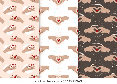 A heart giving hand. Seamless pattern set.