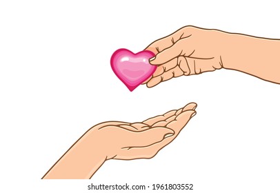 Heart giving and sharing During the coronavirus outbreak concept, from hand to hand and the love of everyone in the blue world. Illustration, art, graphic retro style in vector isolated on background.