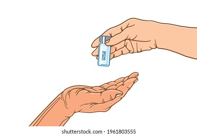 Heart giving and sharing During the coronavirus outbreak concept, from hand to hand and the love of everyone in the blue world. Illustration, art, graphic retro style in vector isolated on background.