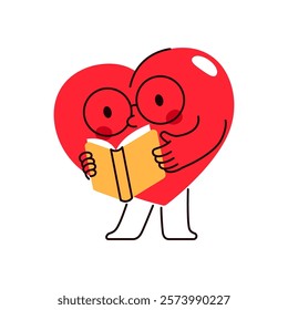 Heart with glasses reading book. Vector icon of love character or lover symbol, valentine s day loving sign. Romantic or passion, affection holiday element. Comic devotion festive poster. Affection.