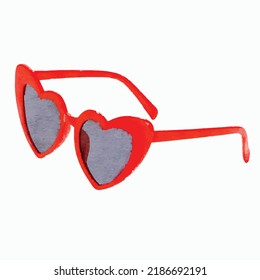 Heart glasses vector. Sunglasses on white background. Heart shaped glasses illustration. Heart glasses cartoon. Retro outfit. Vintage style. Watercolor. Clipart for logo, greeting card and decoration.