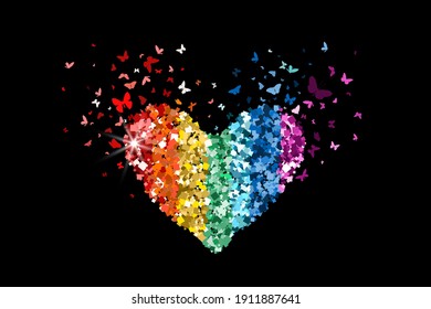 Heart glitter rainbow colors icon with glitter glow confetti butterflies on black background. For Valentine day, kid's design, wedding invitations, branding, logo, or LGBT symbol. Vector illustration