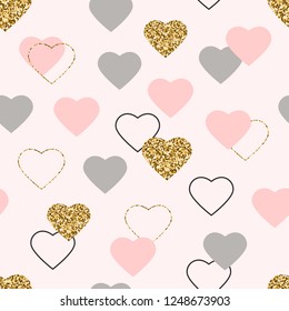 Heart glitter seamless pattern. Valentines Day background with glittering gold, pink, grey hearts. Golden hearts with sparkles and star dust. Wallpaper design with symbol of love. Vector illustration.