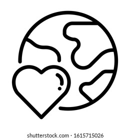 Heart with global icon. Concept of save evironment. Simple design. Line vector. Isolate on white background.