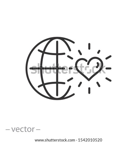 heart with globe icon, community love on earth, charity or donation in the world, logo, thin line web symbol on white background - editable stroke vector illustration eps 10