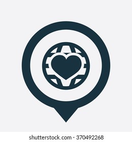 heart globe icon, on white background map pin