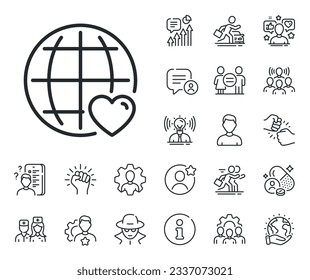 Heart with Globe symbol. Specialist, doctor and job competition outline icons. International Love line icon. Valentines day sign. International Love line sign. Vector