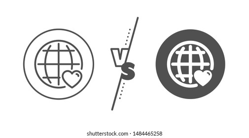 Heart with Globe symbol. Versus concept. International Love line icon. Valentines day sign. Line vs classic international Love icon. Vector