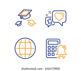 Heart, Globe and Throw hats icons simple set. Calculator alarm sign. Star rating, Internet world, College graduation. Accounting. Linear heart icon. Colorful design set. Vector