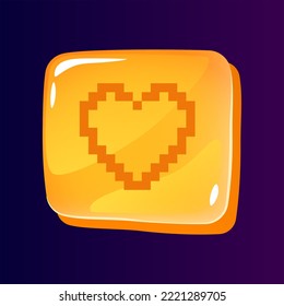 Heart glossy ui button with pixelated icon. Content evaluation. Editable 8bit graphic element on shiny square shape. Isolated vector user interface image for web, mobile. Retro style game design