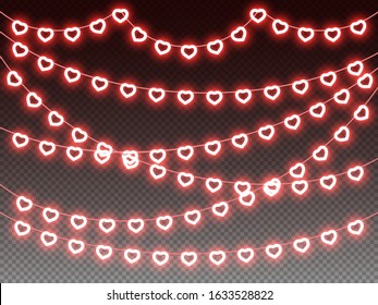 Heart glowing light bulbs horizontal garlands on transparent background, love, valentine, wedding, romantic, valentines day holiday design, outline heart shape garlands decoration. Vector illustration