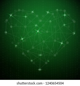 Heart is glowing. Vector illustration. Matrix on a green background. Valentines day.