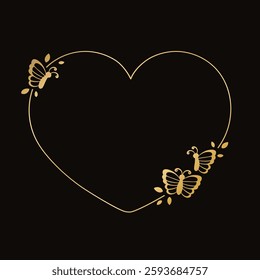 Heart gold butterfly frame vector illustration. Abstract golden border template for spring and summer. Valentines day romantic elegant design element.