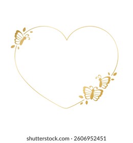 Heart gold butterfly frame vector illustration. Abstract golden border template for spring and summer. Valentines day romantic elegant design element.