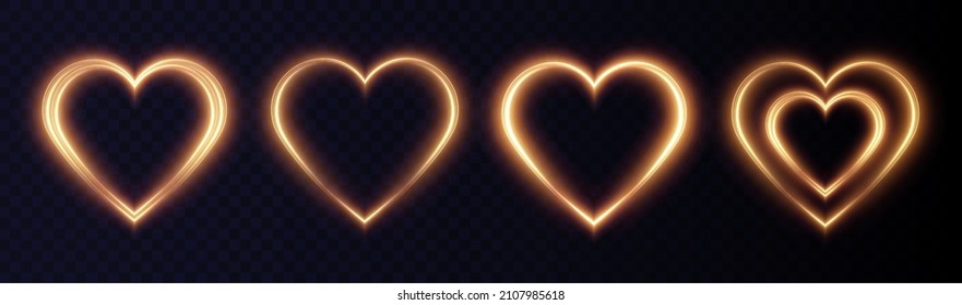 Heart gold with flashes isolated on transparent background. Light heart for holiday cards, banners, invitations. Heart-shaped gold wire glow. PNG image 