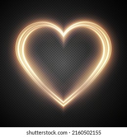 Heart gold with flashes isolated on transparent background. Light heart for holiday cards, banners, invitations. Heart-shaped gold wire glow. PNG image