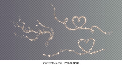  Heart gold with flashes isolated on transparent background. Light heart for holiday cards, banners, invitations. Heart-shaped gold wire glow. PNG vector