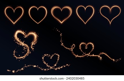  Heart gold with flashes isolated on transparent background. Light heart for holiday cards, banners, invitations. Heart-shaped gold wire glow. PNG vector