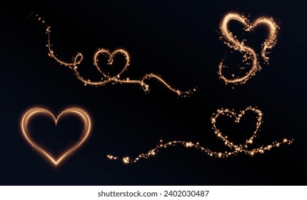  Heart gold with flashes isolated on transparent background. Light heart for holiday cards, banners, invitations. Heart-shaped gold wire glow. PNG vector