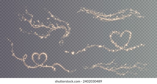  Heart gold with flashes isolated on transparent background. Light heart for holiday cards, banners, invitations. Heart-shaped gold wire glow. PNG vector