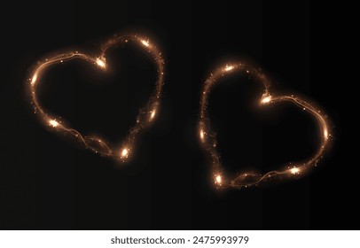 Heart gold with flashes isolated on transparent background. Light heart for holiday cards, banners, invitations. Heart-shaped gold wire glow. PNG vector