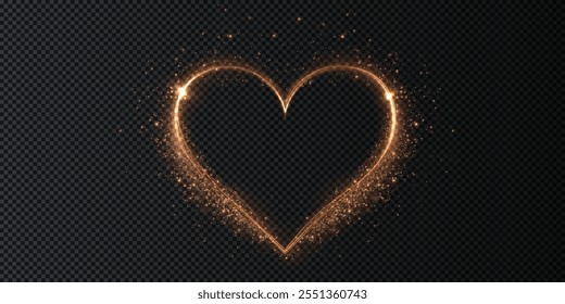 Heart gold with flashes isolated on transparent background. Light heart for holiday cards, banners, invitations. Heart-shaped gold wire glow. PNG image