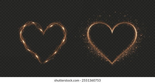 Corazón de oro con destellos aislados sobre fondo transparente. Corazón ligero para tarjetas de vacaciones, Anuncios, invitaciones. Resplandor de alambre de oro en forma de corazón. IMAGEN PNG