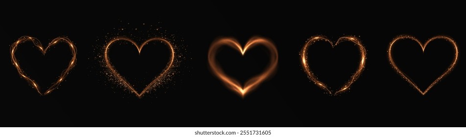 Heart gold with flashes isolated on transparent background. Light heart for holiday cards, banners, invitations. Heart-shaped gold wire glow. PNG image