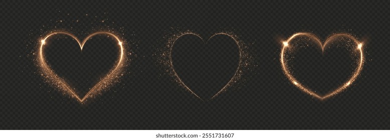 Heart gold with flashes isolated on transparent background. Light heart for holiday cards, banners, invitations. Heart-shaped gold wire glow. PNG image