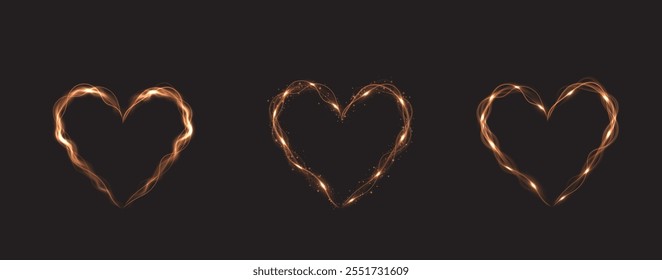 Heart gold with flashes isolated on transparent background. Light heart for holiday cards, banners, invitations. Heart-shaped gold wire glow. PNG image