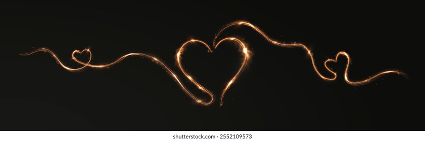 Heart gold with flashes isolated on transparent background. Light heart for holiday cards, banners, invitations. Heart-shaped neon wire glow.