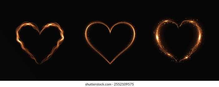 Heart gold with flashes isolated on transparent background. Light heart for holiday cards, banners, invitations. Heart-shaped neon wire glow.