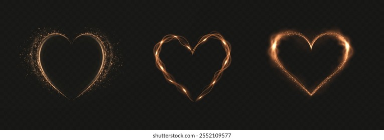 Heart gold with flashes isolated on transparent background. Light heart for holiday cards, banners, invitations. Heart-shaped neon wire glow.