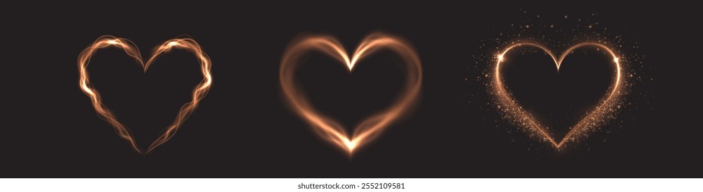 Heart gold with flashes isolated on transparent background. Light heart for holiday cards, banners, invitations. Heart-shaped neon wire glow.