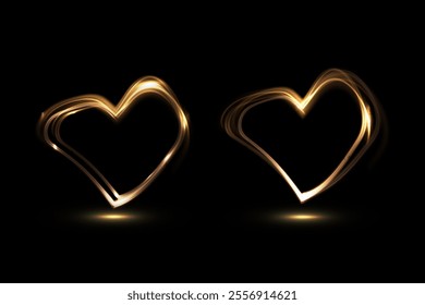 Heart gold with flashes isolated on transparent background. Light heart for holiday cards, banners, invitations. Heart-shaped gold wire glow. PNG image