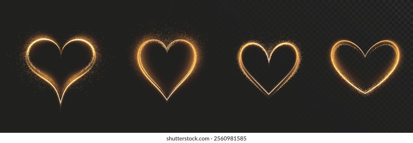 Heart gold with flashes isolated on transparent background. Light heart for holiday cards, banners, invitations. Heart-shaped neon wire glow.