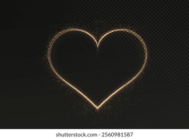 Heart gold with flashes isolated on transparent background. Light heart for holiday cards, banners, invitations. Heart-shaped neon wire glow.