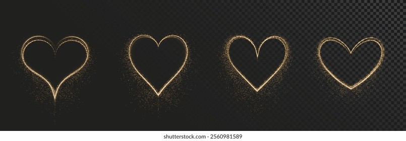 Heart gold with flashes isolated on transparent background. Light heart for holiday cards, banners, invitations. Heart-shaped neon wire glow.